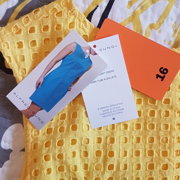 ALFRED SUNG YELLOW EYELET SUMMER SHIFT DRESS SIZE 12/14. - Picture 3 of 8